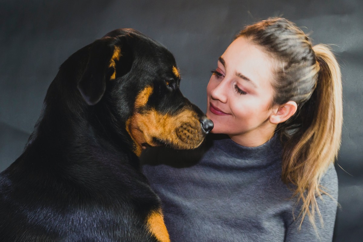 A woman looks at a rottweiler