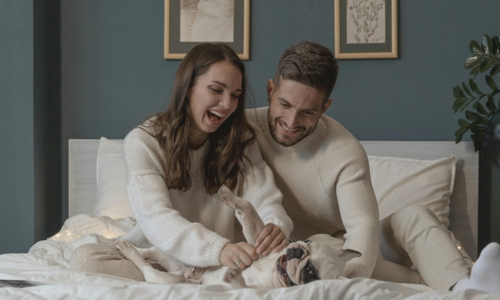 A couple playing with their dog in bed on white sheets